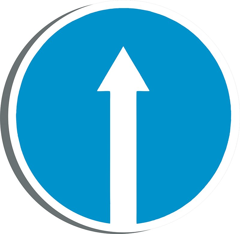 Дорожный знак стрелка прямо и направо на синем фоне