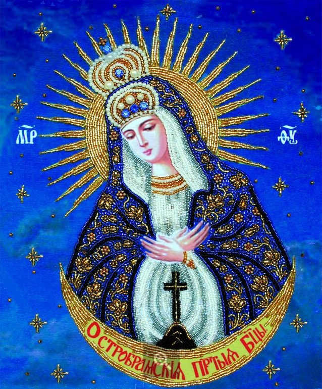 Икона божьей матери на голубом фоне в звездах