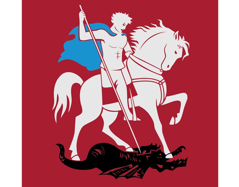 Герб с конем и всадником на красном фоне