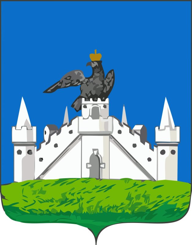 Герб с орлом в короне на крепости на синем фоне