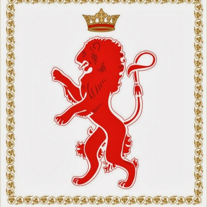 Герб со львом и мечом на красном фоне