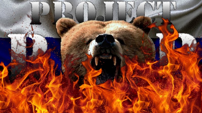 Разъяренный медведь на фоне российского флага